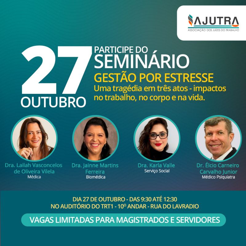 Participe do seminário: Gestão por estresse - Uma tragédia em três atos. Impactos no trabalho,  no corpo e na vida.