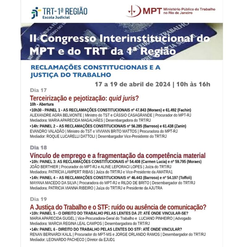 O Tribunal Regional do Trabalho do Rio de Janeiro sedia o Congresso Interinstitucional MPT-TRT