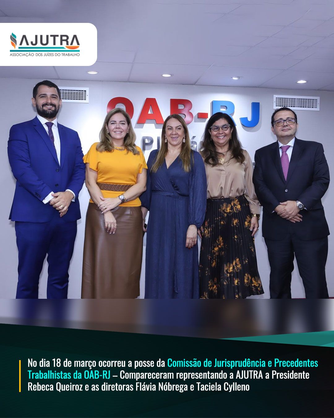 No dia 18 de março ocorreu a posse da Comissão de Jurisprudência e Precedentes Trabalhistas da OAB-RJ, tendo sido empossada como sua Presidente a da Dra. Elaine Molinaro e como Vice-Presidente Dr. Max de Mendonça. 