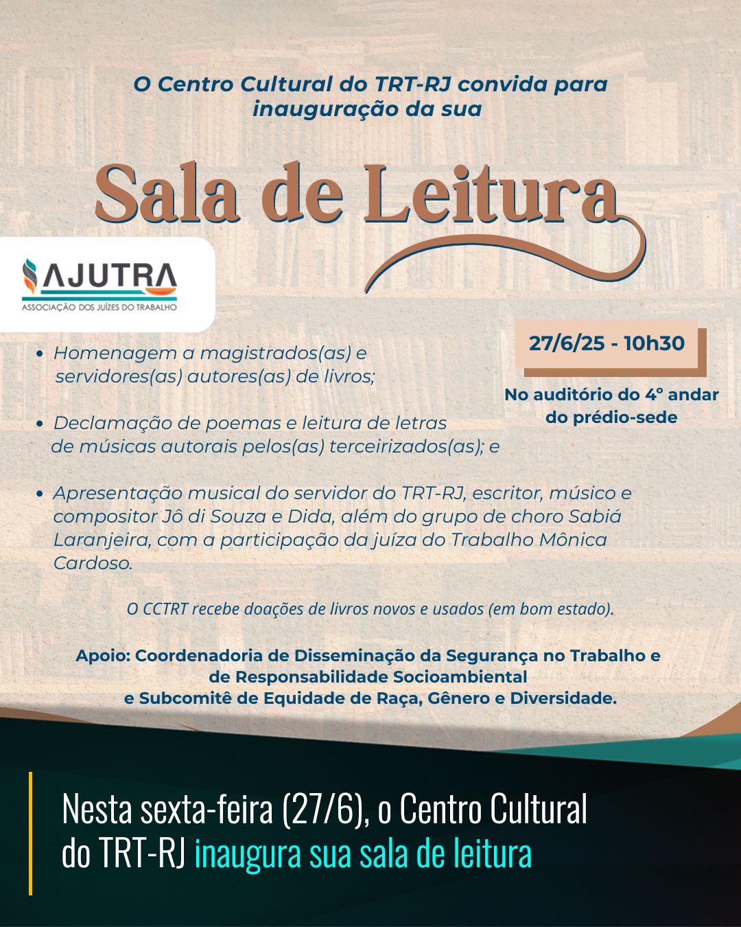 Nesta sexta-feira (27/6), o Centro Cultural do TRT-RJ inaugura sua sala de leitura